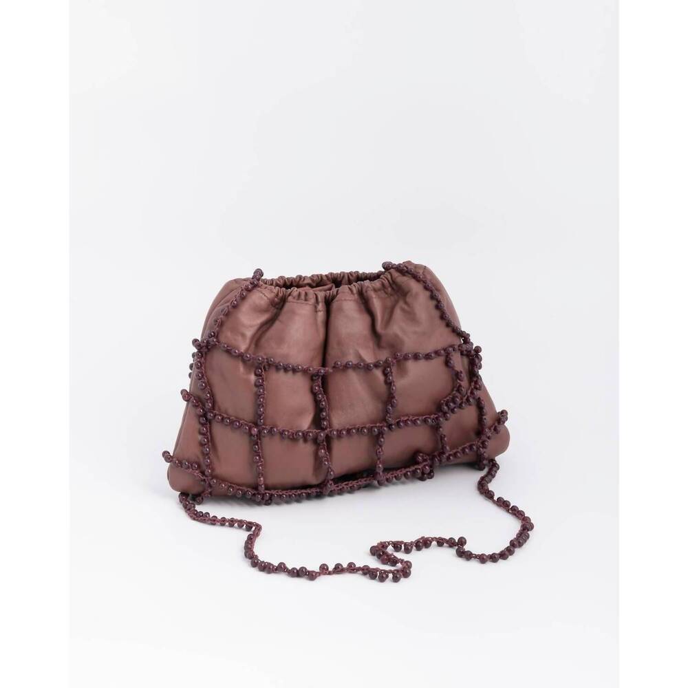 NEW ALYSI women's beaded leather shoulder bag in cacao